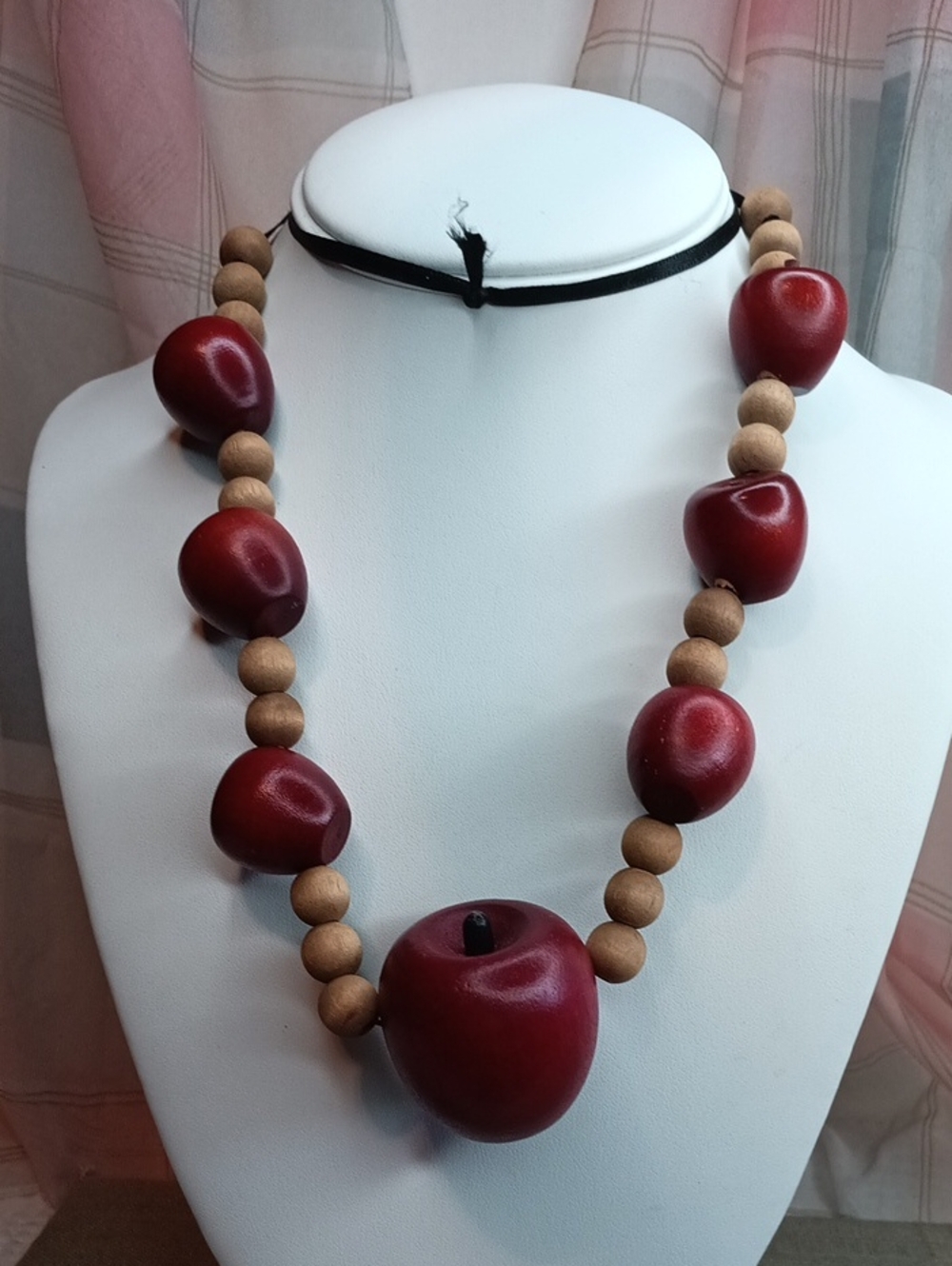 Handcrafted Red Wooden Apple Bead Ribbon Necklace